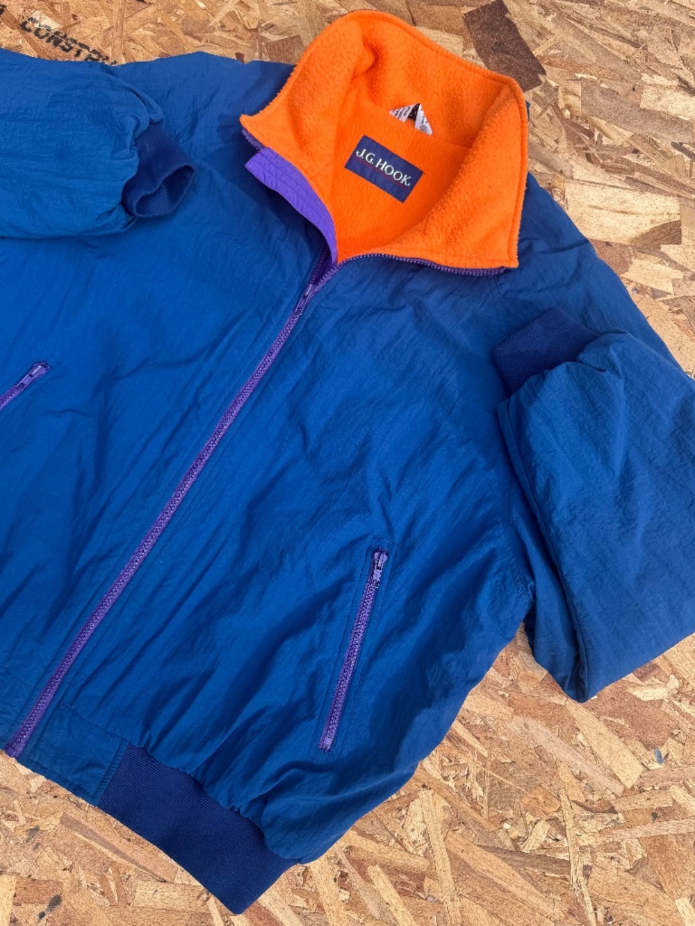 Vintage J.G. Hook Blue Nylon Bomber Jacket Orange Fleece Lined Men’s Large 90s